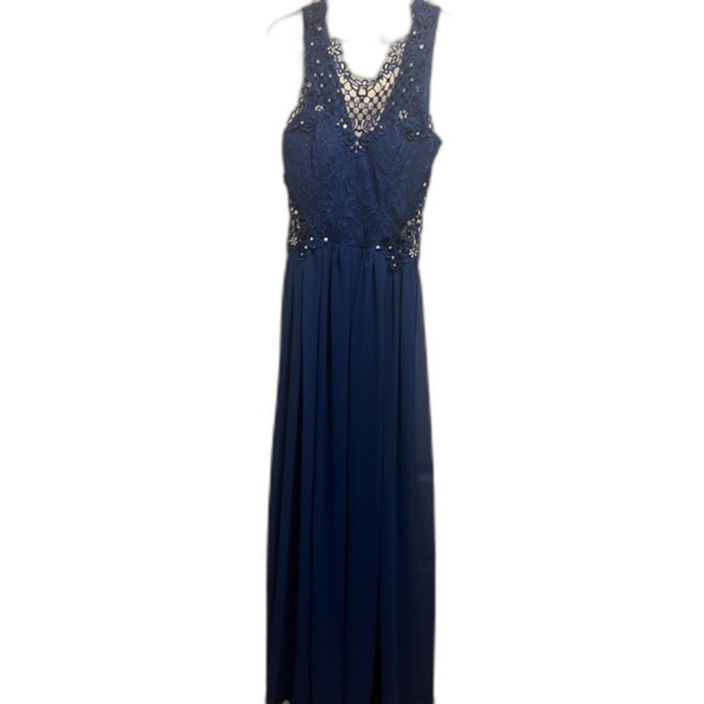 Navy Blue Lace Bodice Maxi Dress Formal Gown Evening Party‎ Bridesmaid